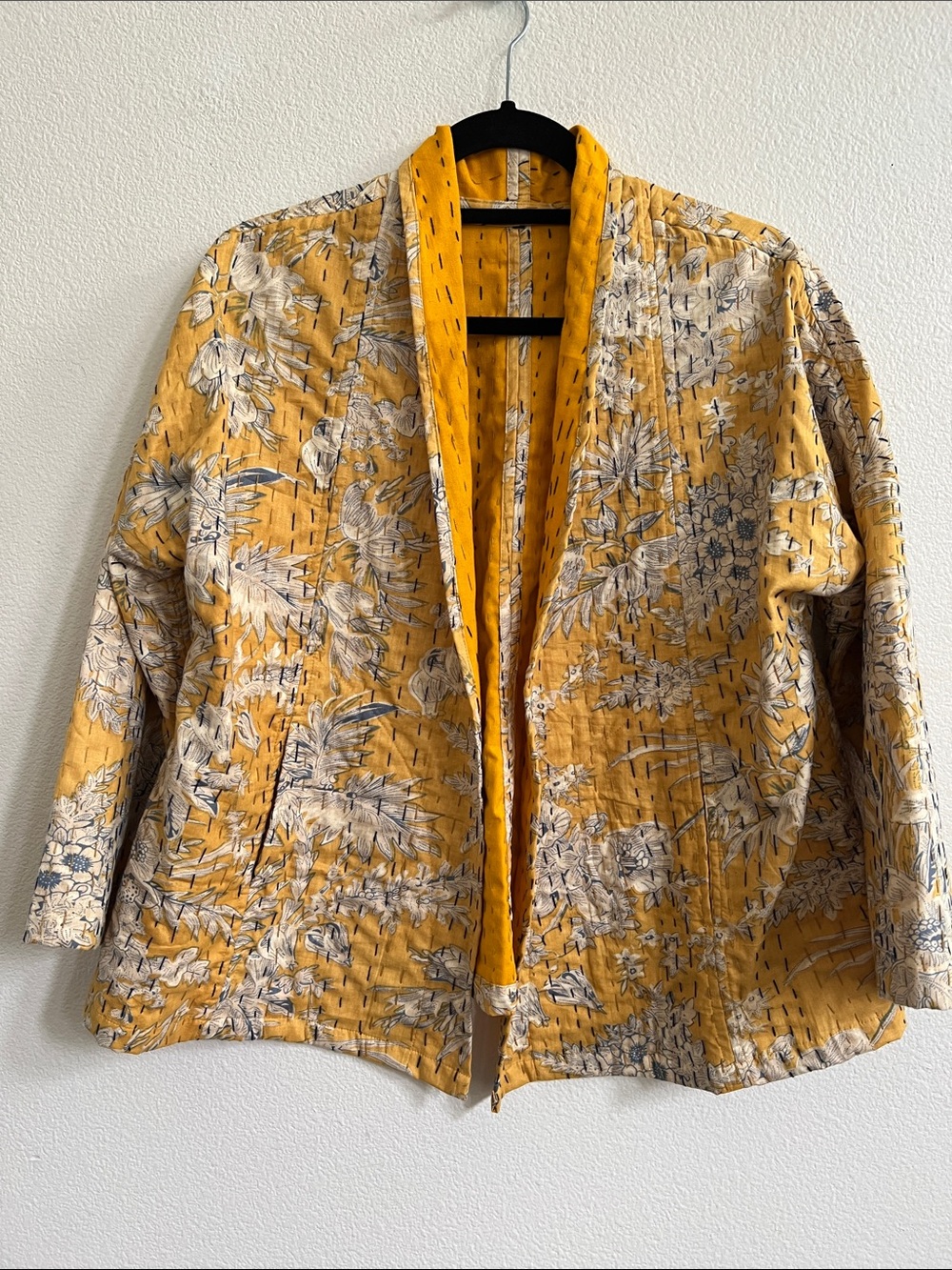 Cotton Kantha Stitched-Quilted Kimono Jacket Yellow Vibrant Floral Print OS